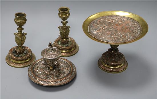 An Elkington & Co. inkwell, a tazza and matching pair of candlesticks tallest 15.5cm